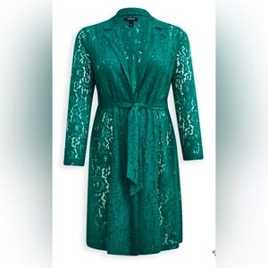Torrid Kelly Green Lace Trench Coat cardigan layer dinner date